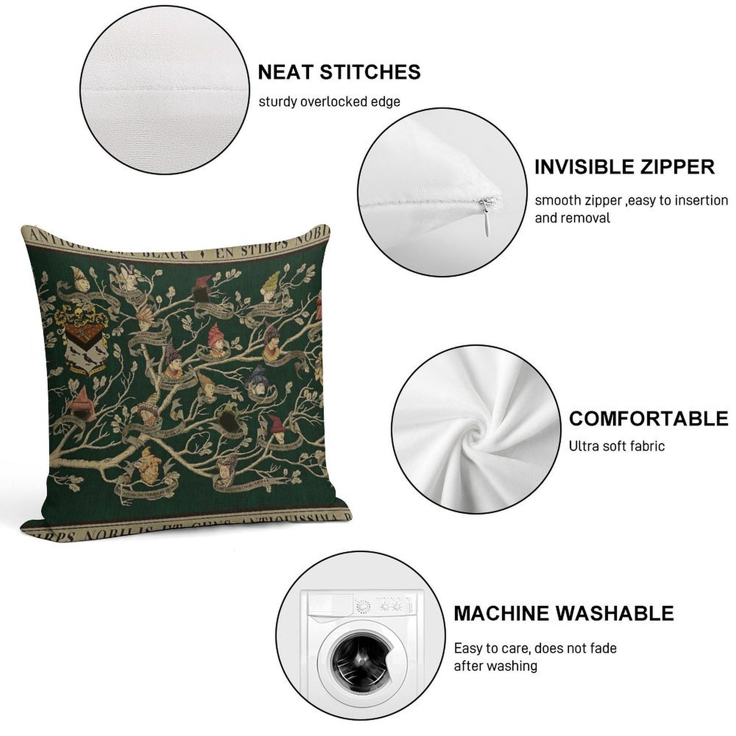 Noble House of Black Family Tree Soft Washable Throw Pillow