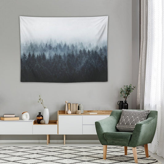 High And Low Dark Romantasy Moody Wilderness Dream Forest With Cascadia Trees Covered In Fog Tapestry