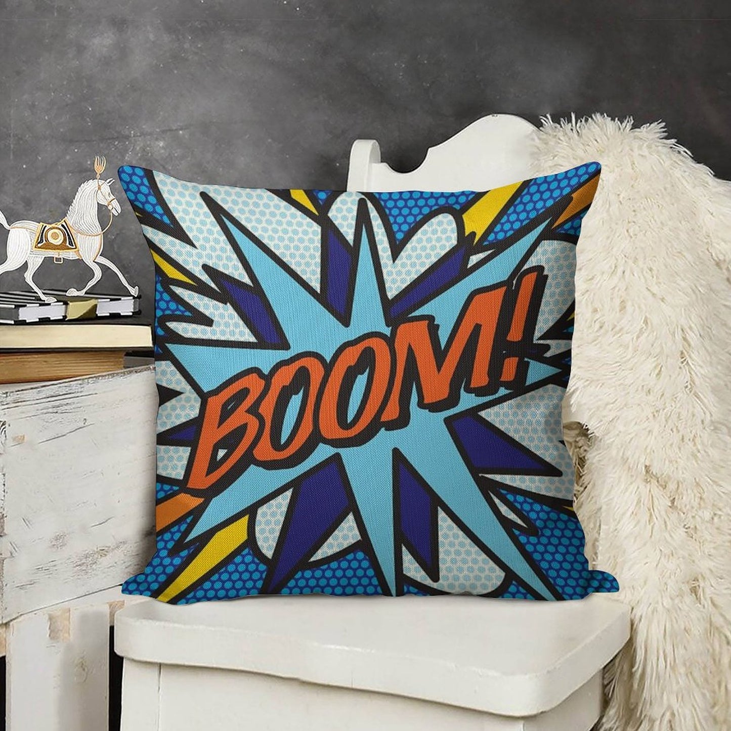 BOOM Comic Book Pop Art Modern Fun Retro Linen Throw Pillow Cover