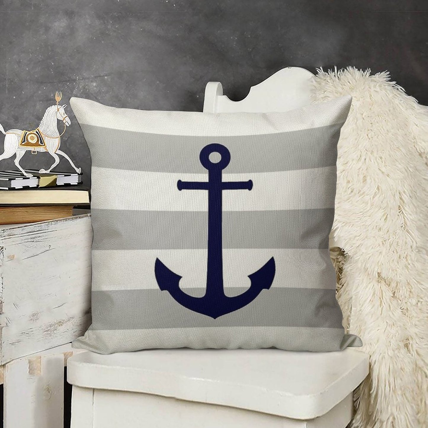 Nautical Navy Blue Anchor On Gray Stripes Linen Throw Pillow Cover