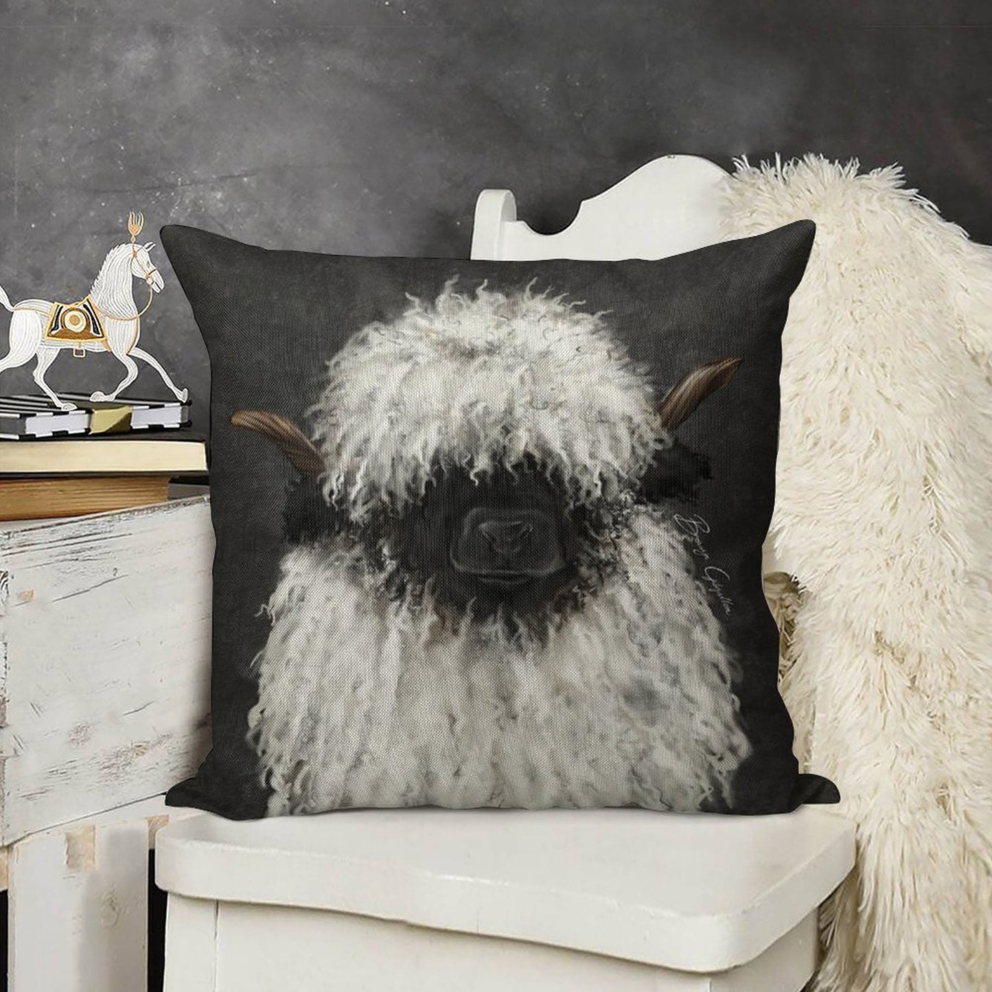 Bo Sheep. Valais Blacknose Sheep. Linen Throw Pillow Cover
