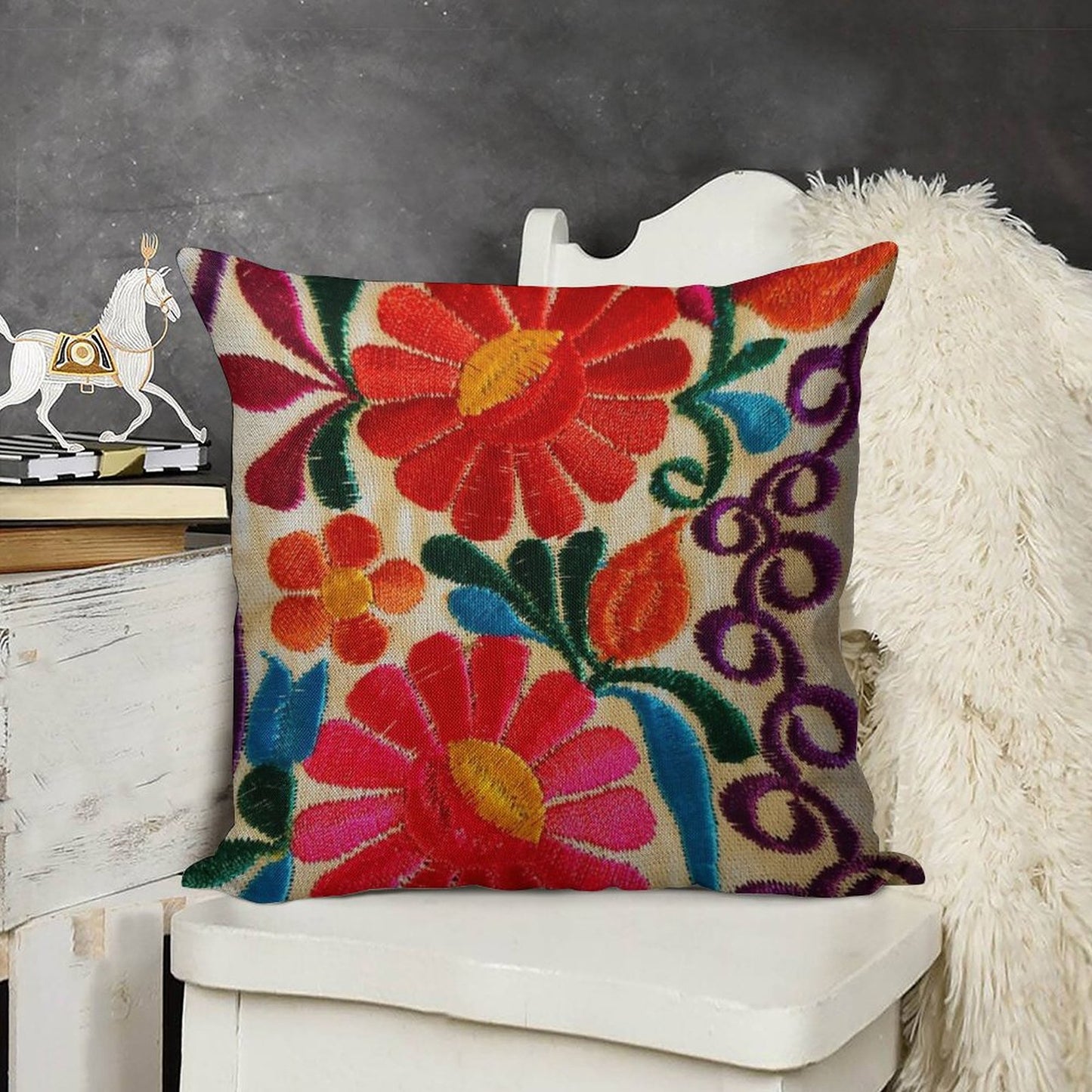 Mexico's Flowers Linen Throw Pillow Cover
