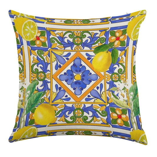 Summer ,Sicilian Tiles ,citrus,oranges,majolica,lemons ,Mediterranean Linen Throw Pillow Cover