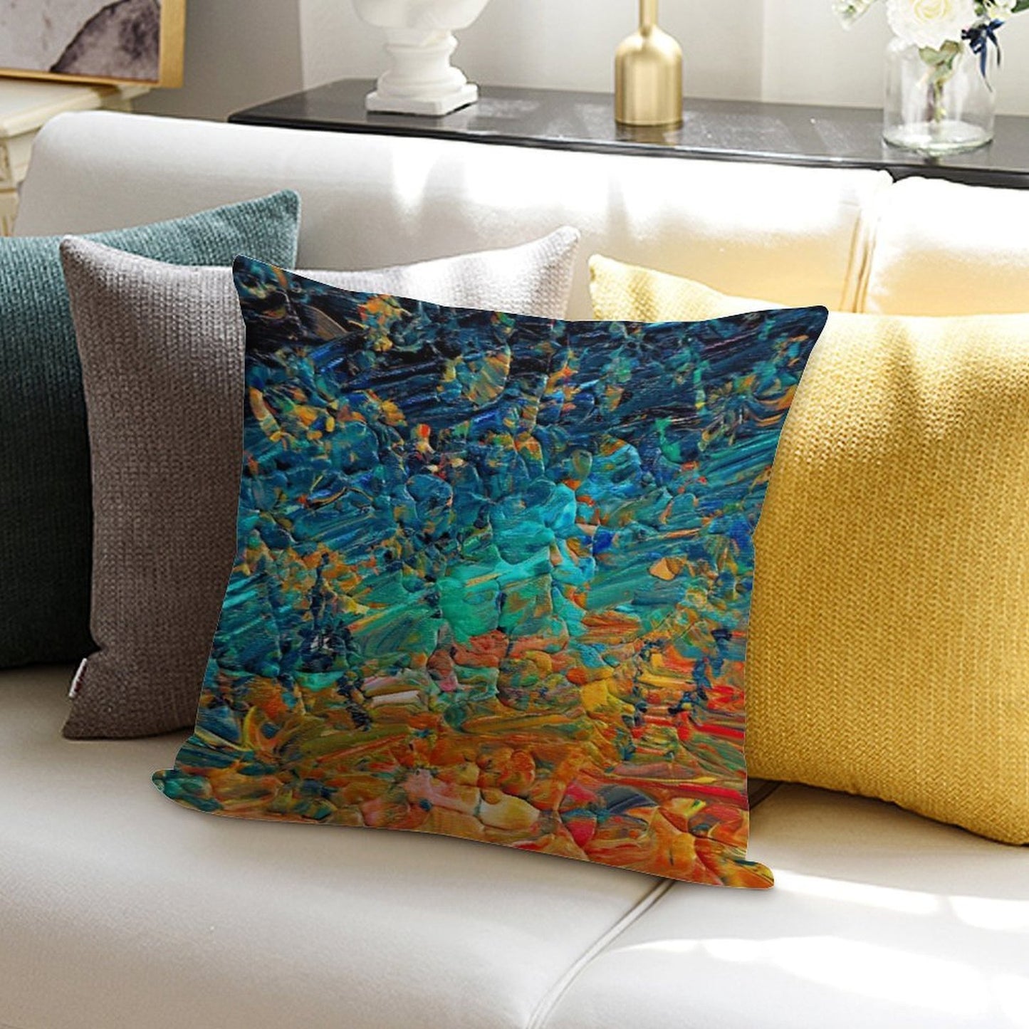 ETERNAL TIDE 2 Bold Rainbow Colorful Deep BlueTurquoise Aqua Orange Yellow Ombre Waves Abstract Acrylic Painting Soft High-Density Material Throw Pillow