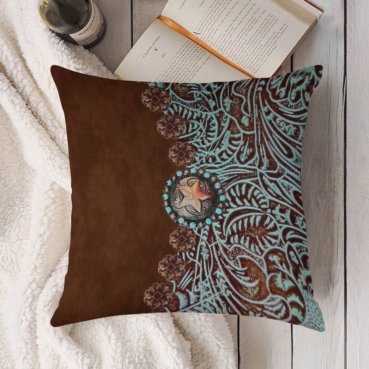 Primitive Cowboy Cowgirl Western Country Brown Turquoise Linen Throw Pillow Cover
