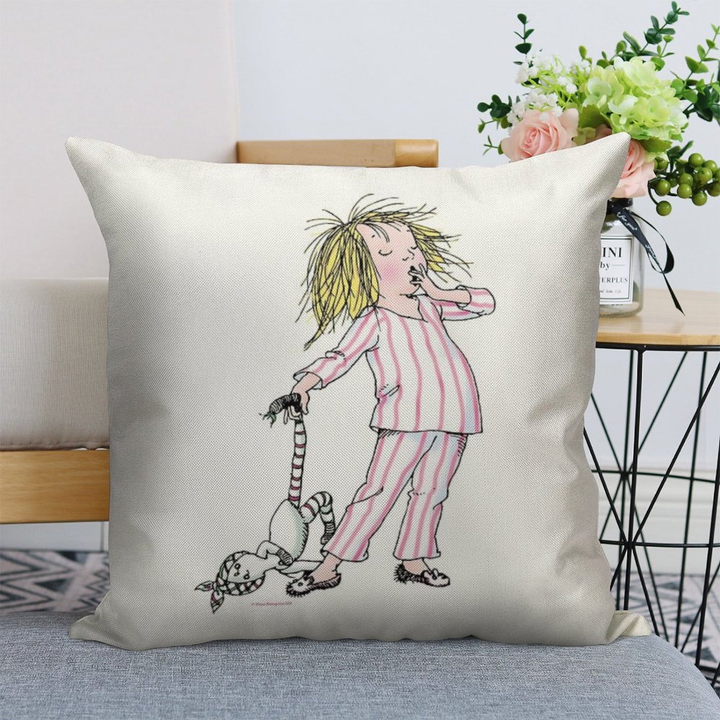 Yawning Eloise in Her Pajamas Linen Throw Pillow Cover