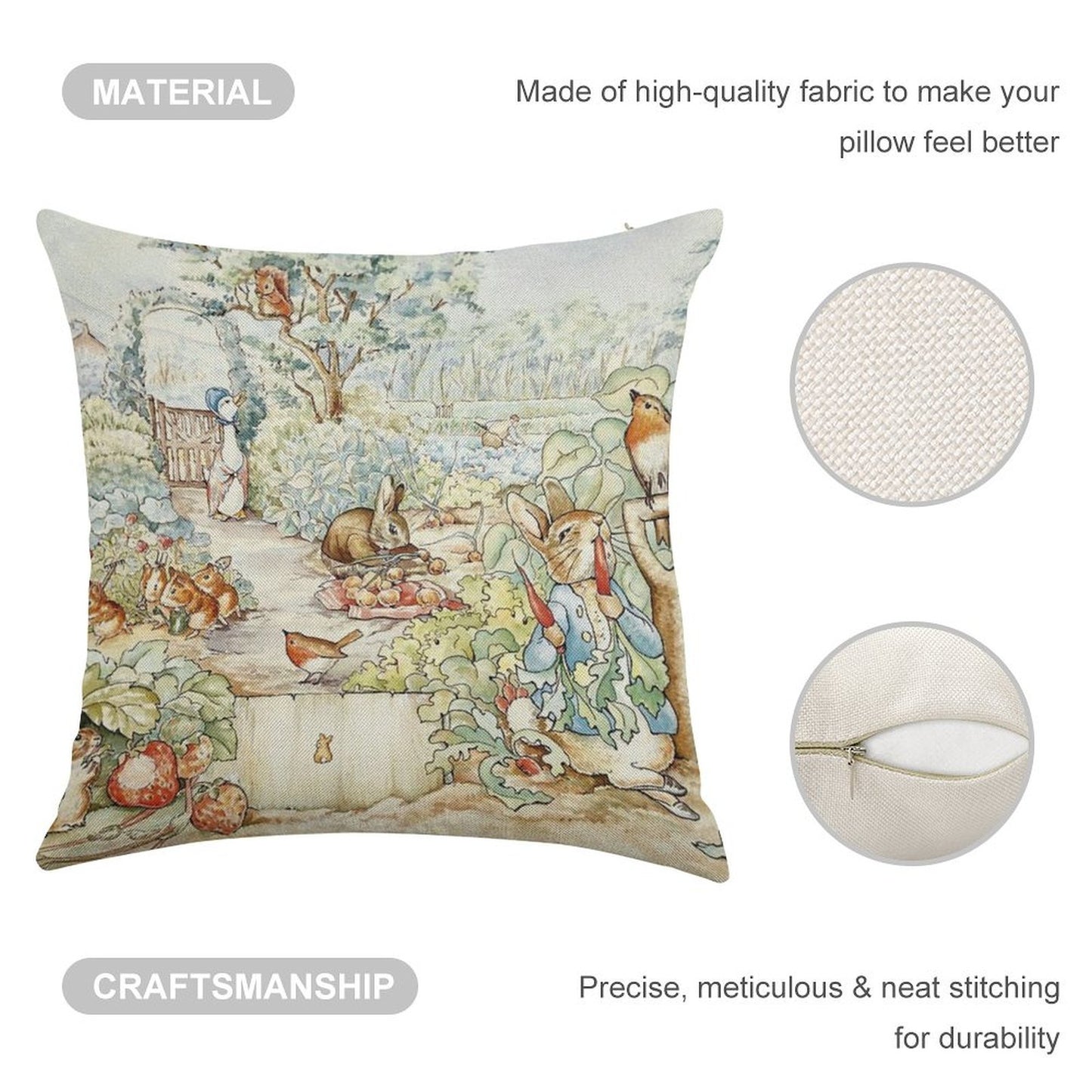 Beatrix Potter Storybook Characters in Garden Linen Throw Pillow Cover