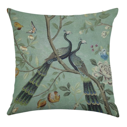 A Teal of Two Birds Chinoiserie Linen Throw Pillow Cover