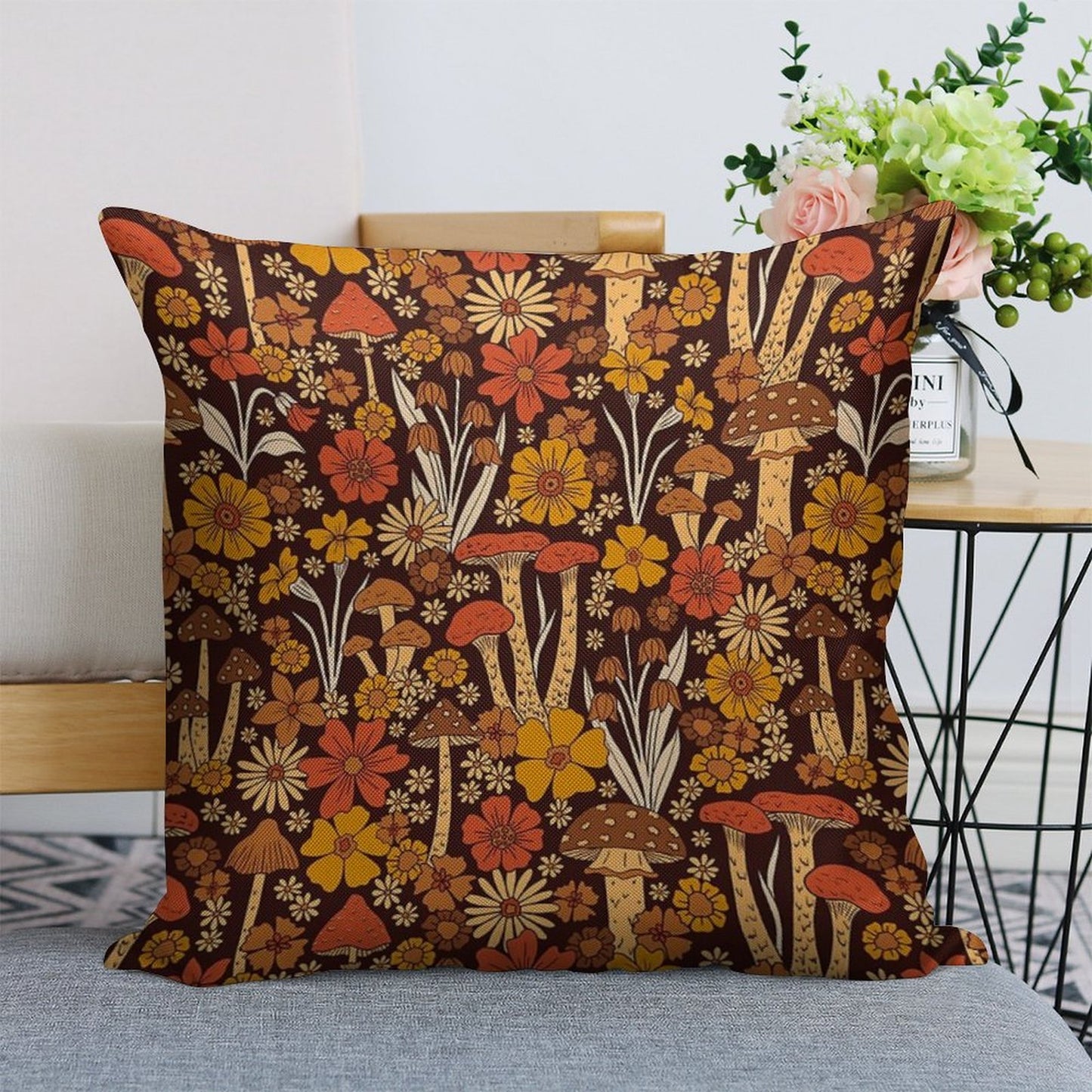 Retro 1970s Brown & Orange Mushrooms & Flowers Linen Throw Pillow Cover