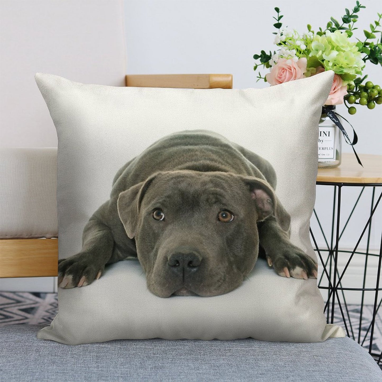 Blue Staffordshire Bull Terrier Super Cute Puppy Eyes Linen Throw Pillow Cover