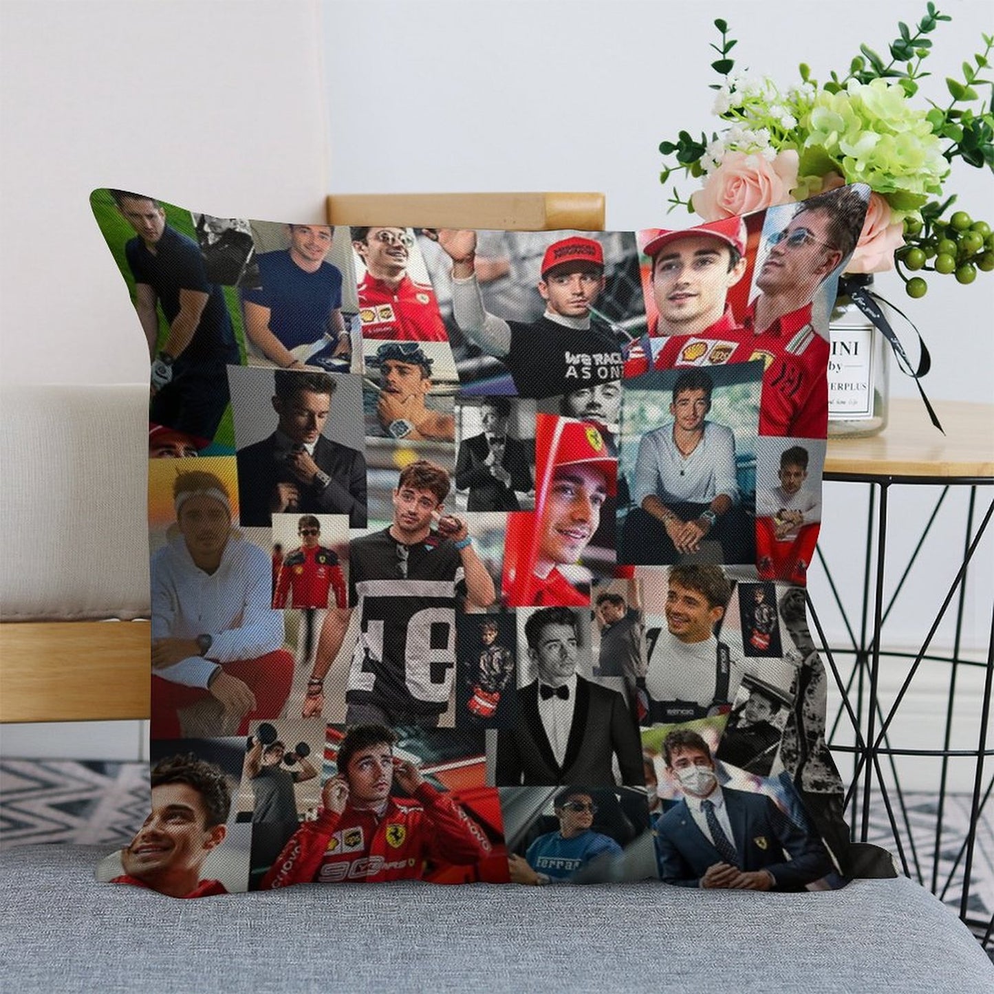 Charles Leclerc Monacan Motorsports Racing Driver Collage Linen Throw Pillow Cover