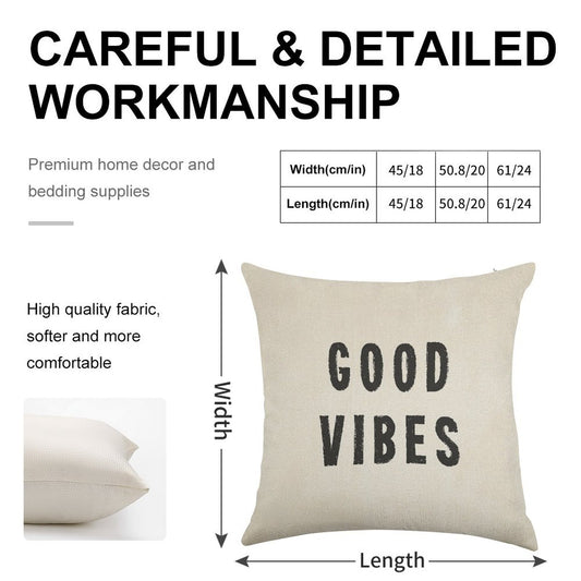 Grungy Distressed Ink Good Vibes  Black on Off-White Linen Throw Pillow Cover