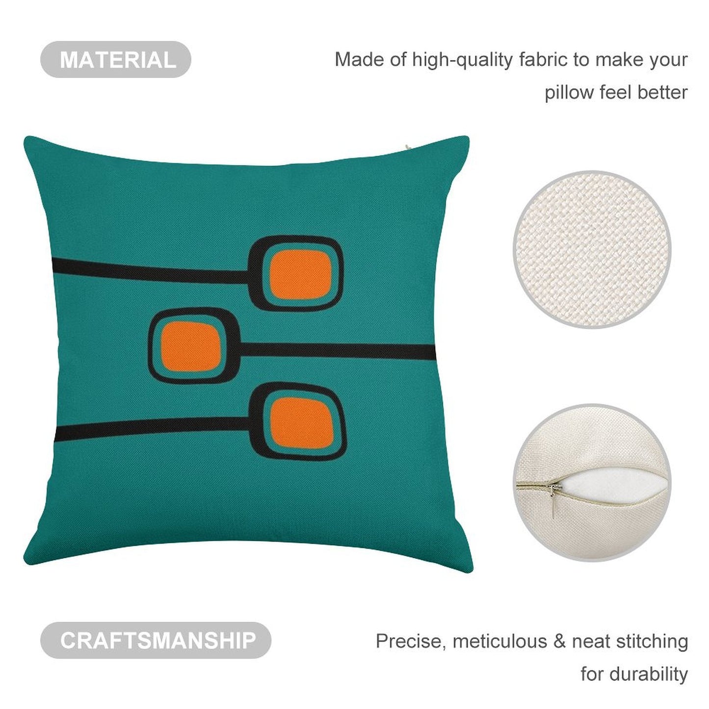 Retro Branches Black And Orange on Teal Mid Century Modern Print Linen Throw Pillow Cover