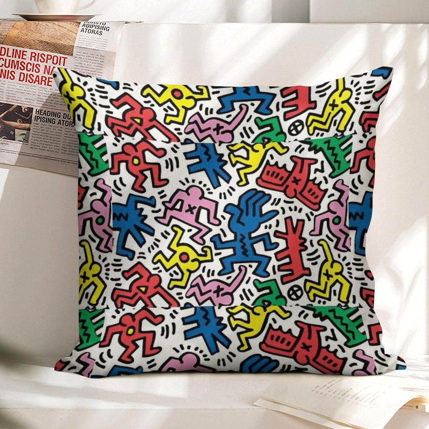 Haring Pop Art Linen Throw Pillow Cover