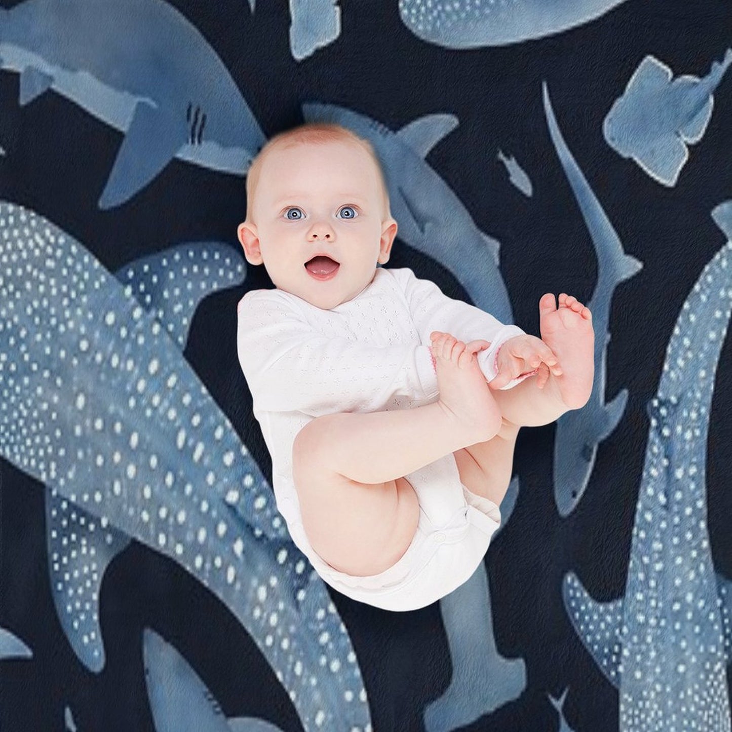 Monochrome Blue Watercolour Shark Ocean on Black Throw Blanket