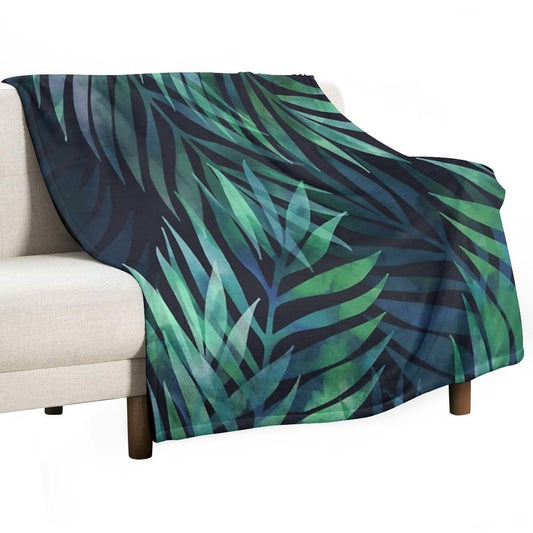 Dark Green Palms Leaves Pattern Throw Blanket