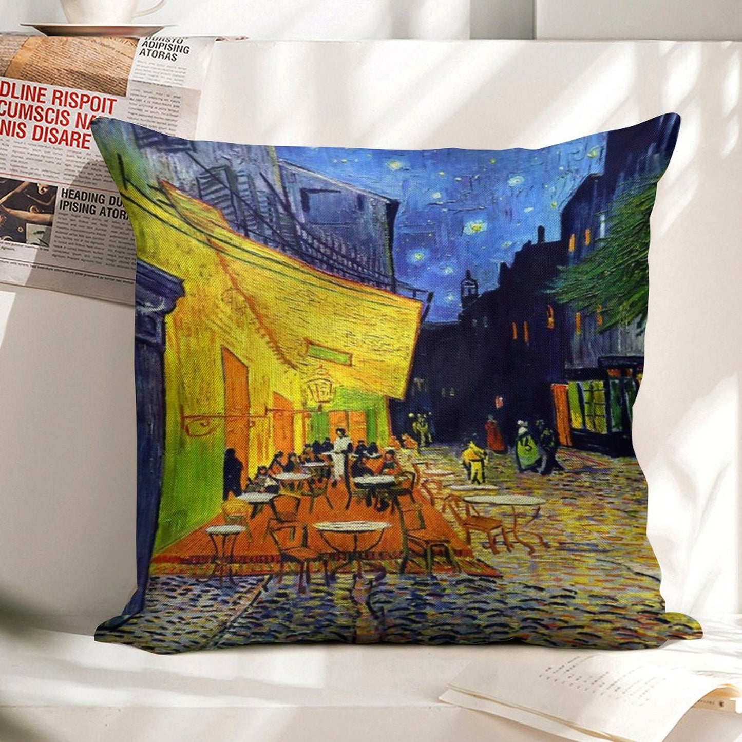 Cafe Terrace at Night - Van Gogh Linen Throw Pillow Cover
