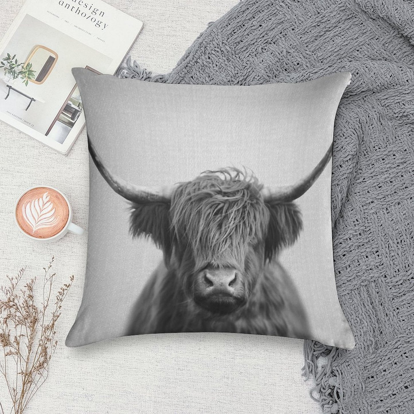 Highland Cow - Black & White Soft Ultra-Soft Texture Throw Pillow