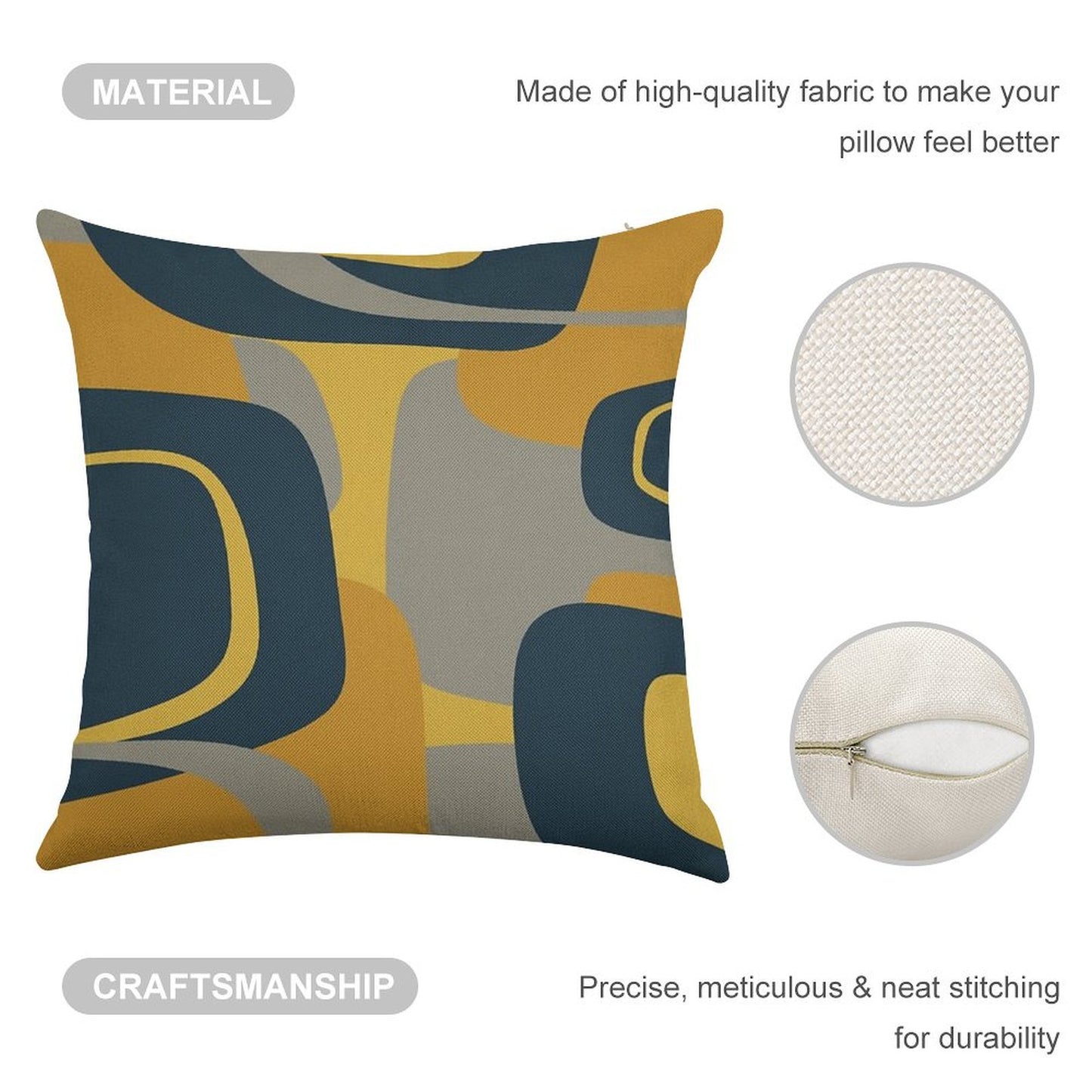 Mid Century Modern Retro Abstract Pattern in Navy Blue, Mustard Yellow, And Gray Linen Throw Pillow Cover