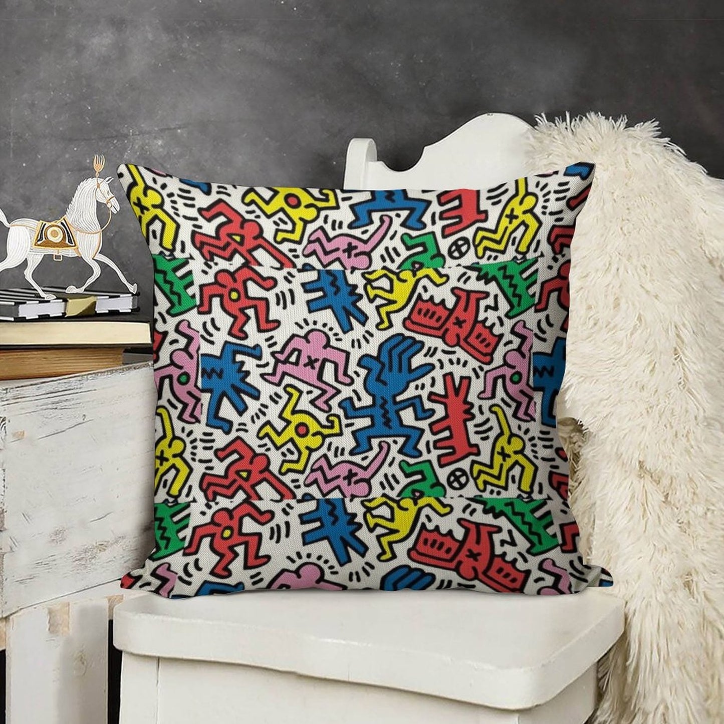 Haring Pop Art Linen Throw Pillow Cover