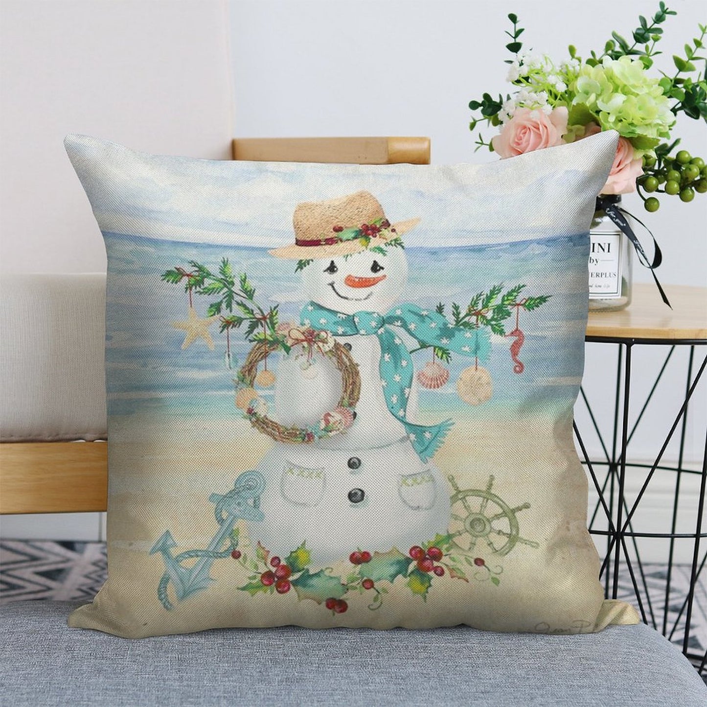 Coastal Christmas F Linen Throw Pillow Cover