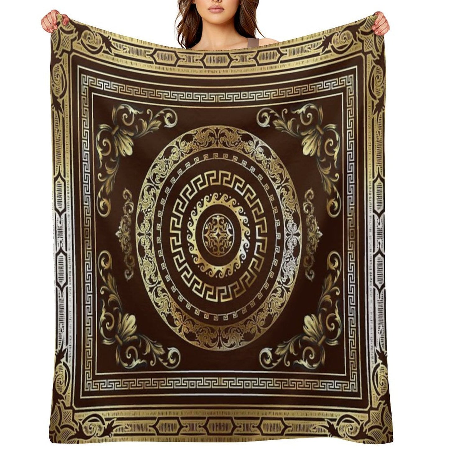 Baroque Gold Maroon Greek Key Vintage Style Throw Blanket