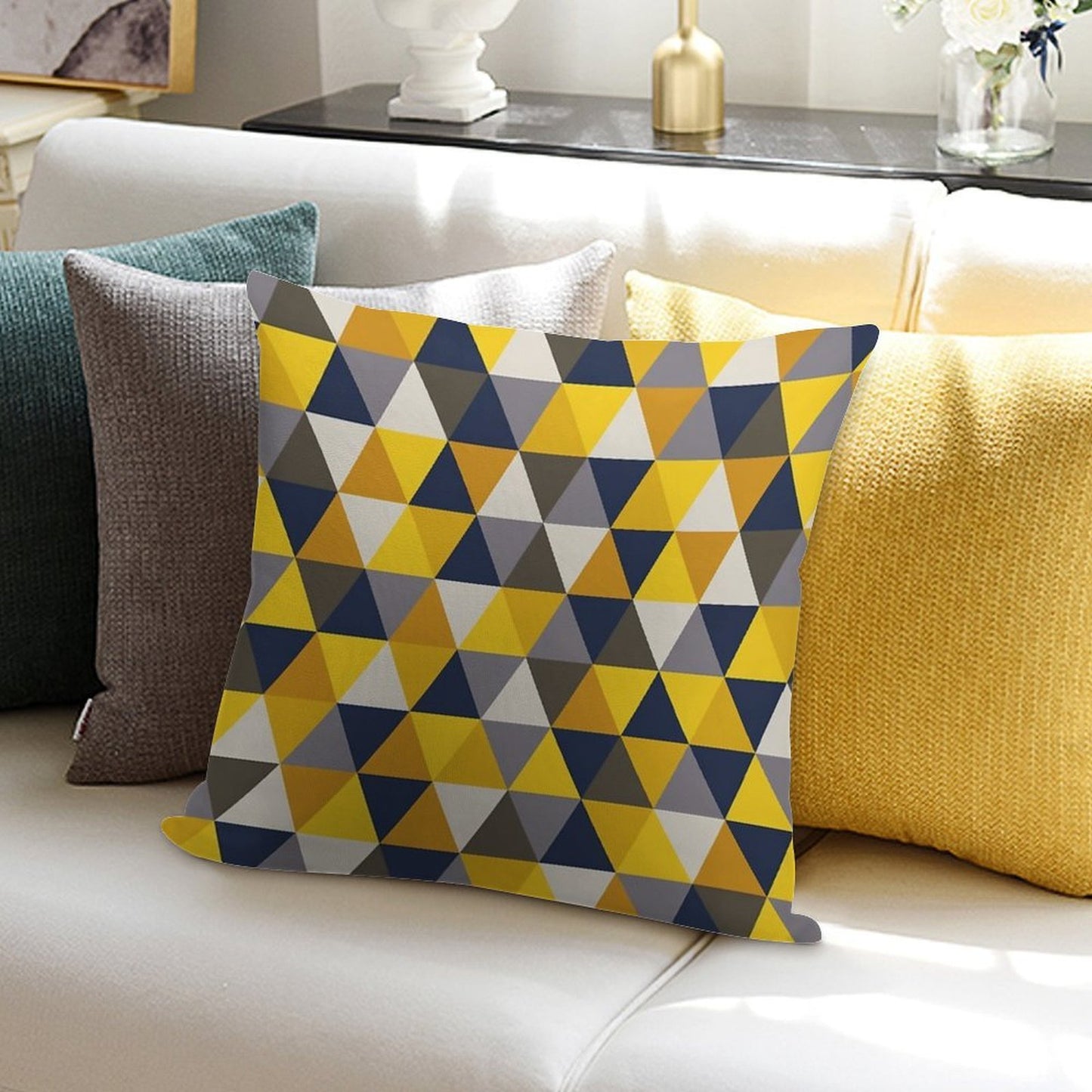 Grey, Blue And Mustard Yellow Geometric Soft Short Plush Fabric Throw Pillow