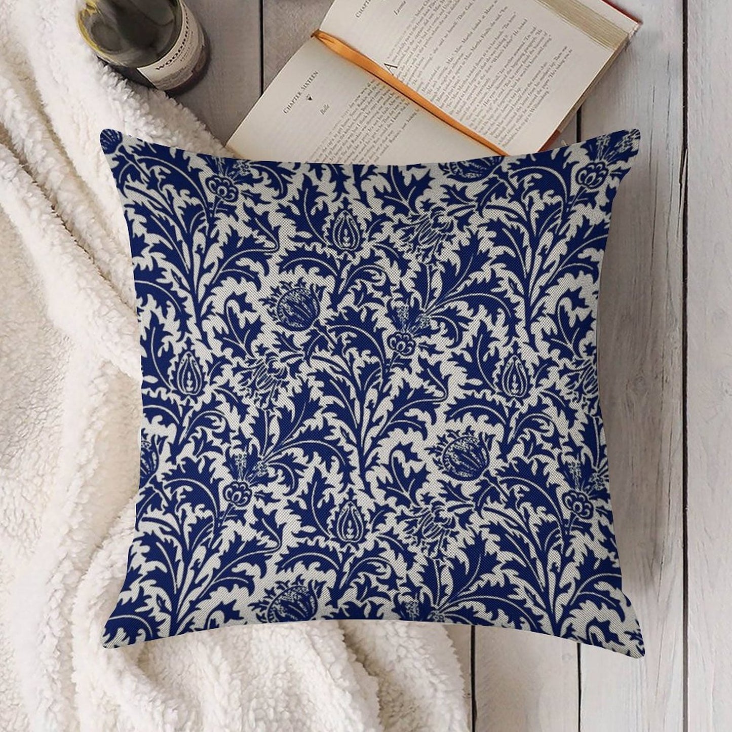 William Morris Thistle Damask, Navy Blue And White Linen Throw Pillow Cover