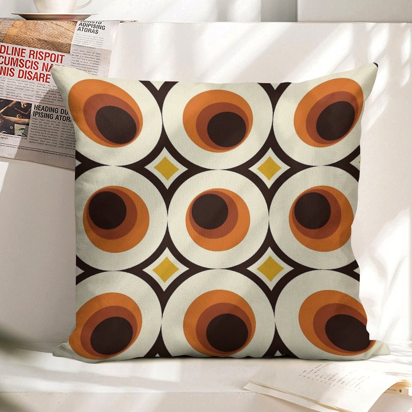 1970s Orange Mid-Century Modern Circle 1 Linen Throw Pillow Cover