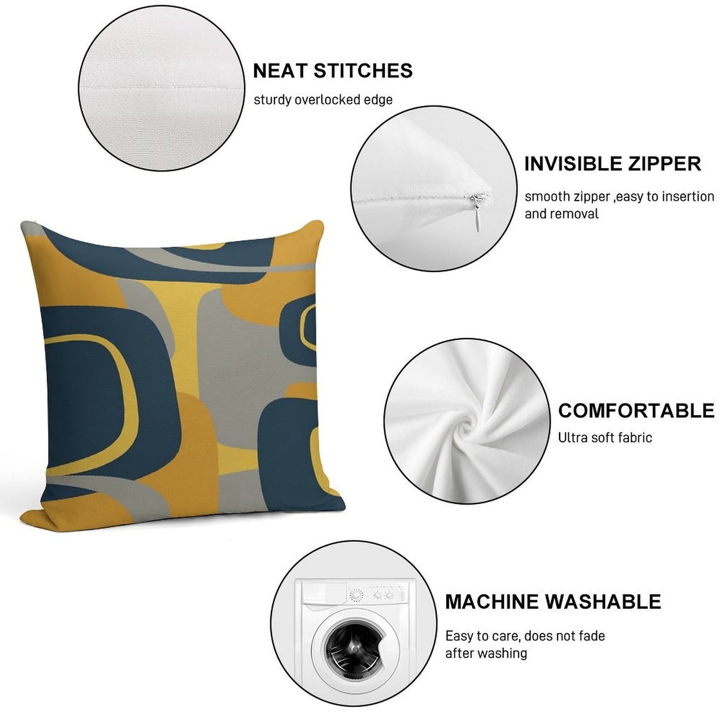 Mid Century Modern Retro Abstract Pattern in Navy Blue, Mustard Yellow, And Gray Soft Anti-Pilling Throw Pillow