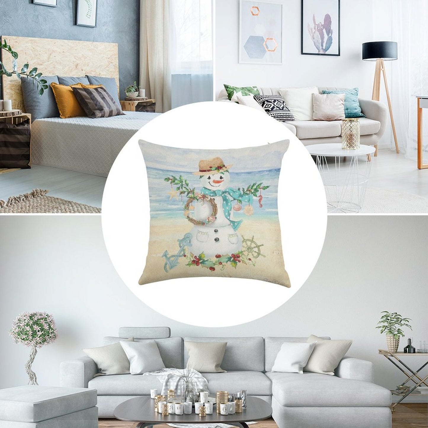 Coastal Christmas F Linen Throw Pillow Cover