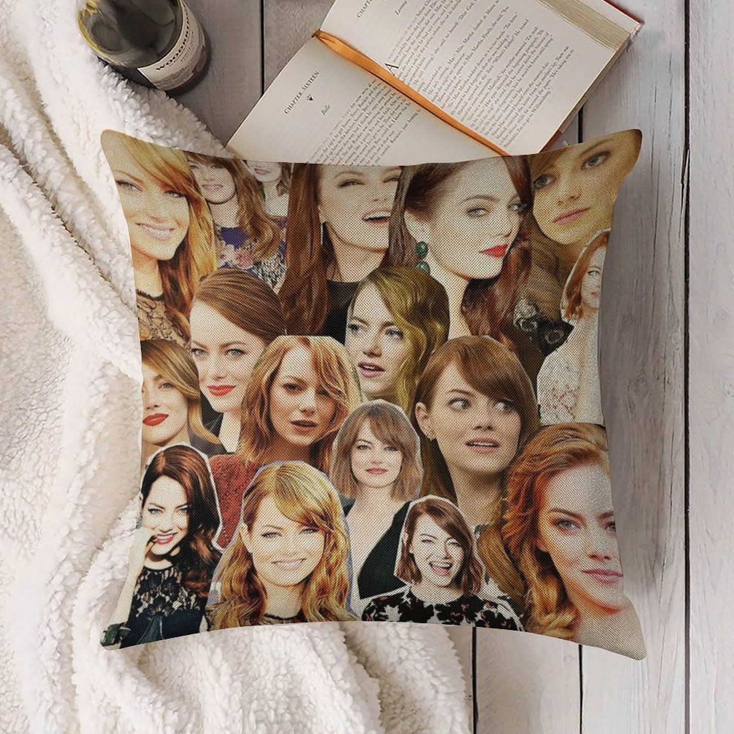 Emma Stone Collage Linen Throw Pillow Cover