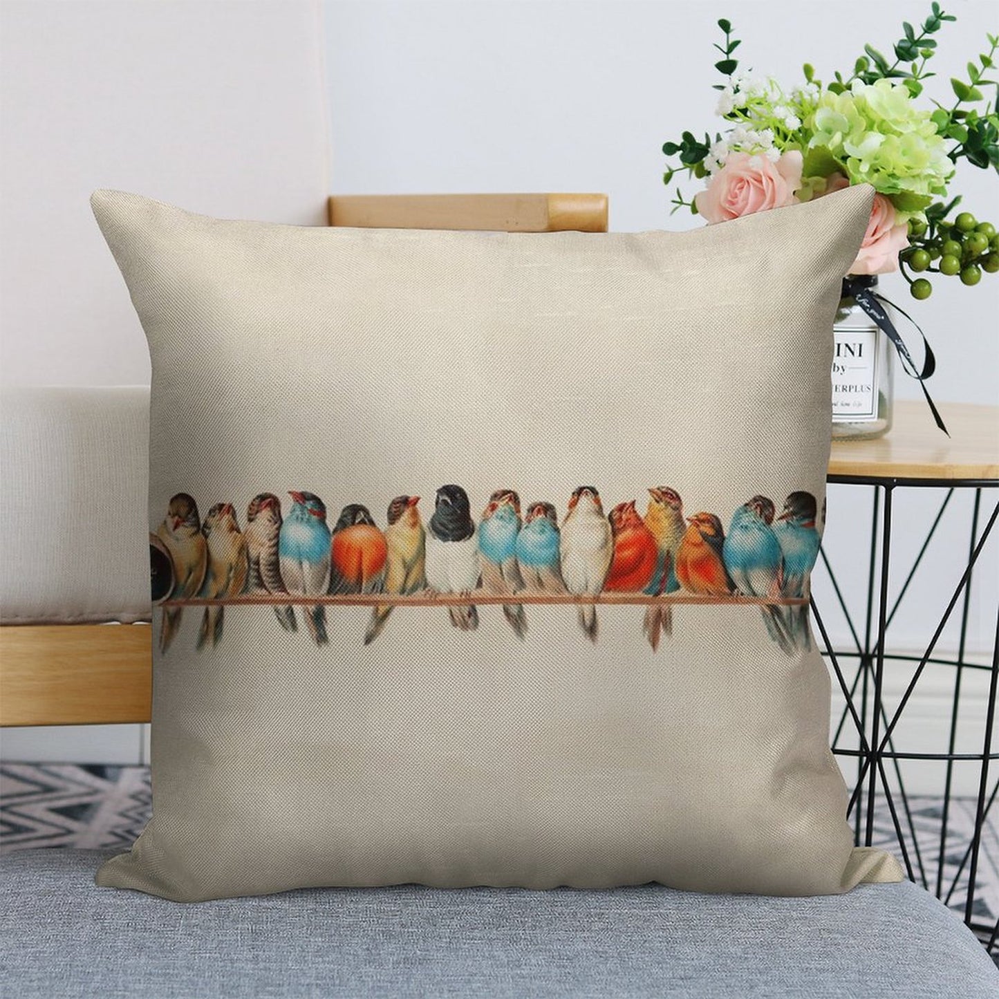 Vintage Birds Linen Throw Pillow Cover