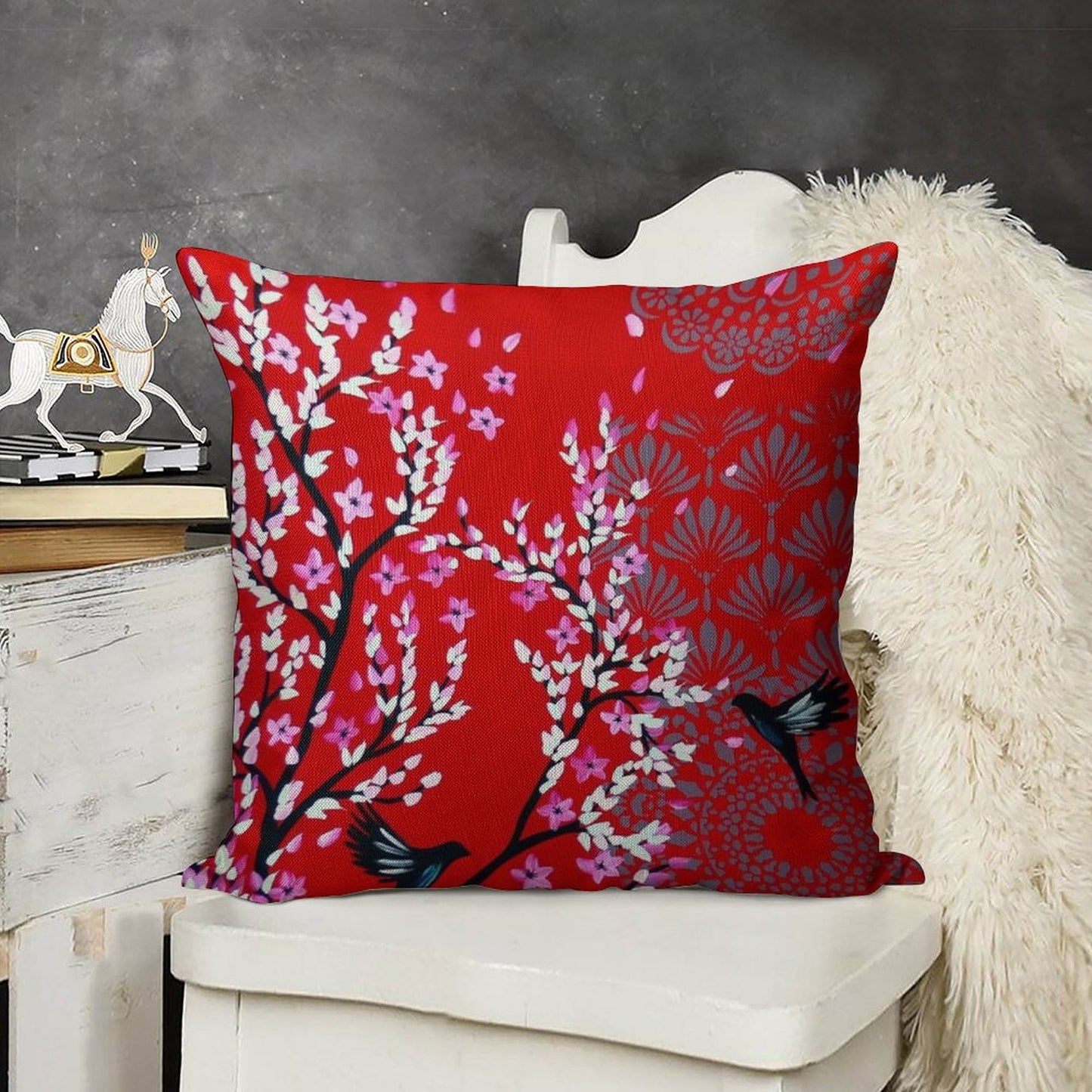 Red Cherry Blossom Linen Throw Pillow Cover