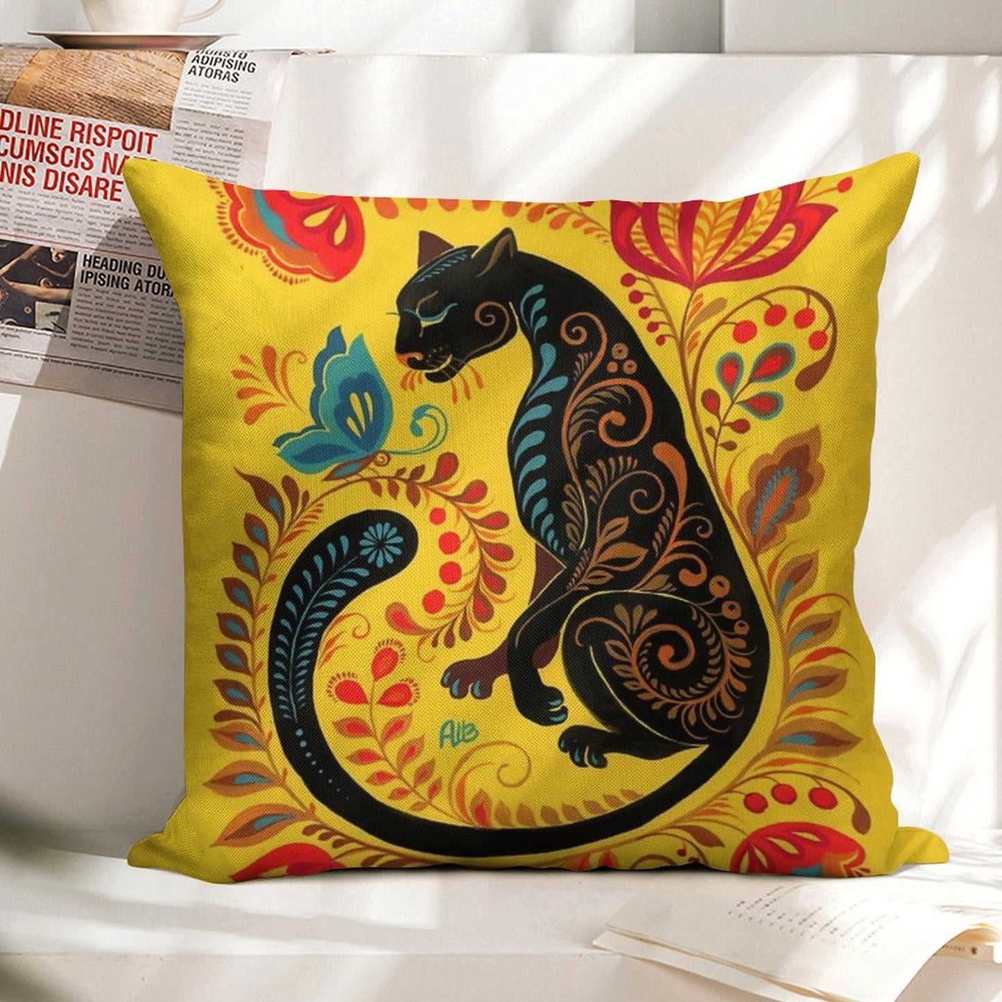 Panther & Butterfly Folk Art Linen Throw Pillow Cover