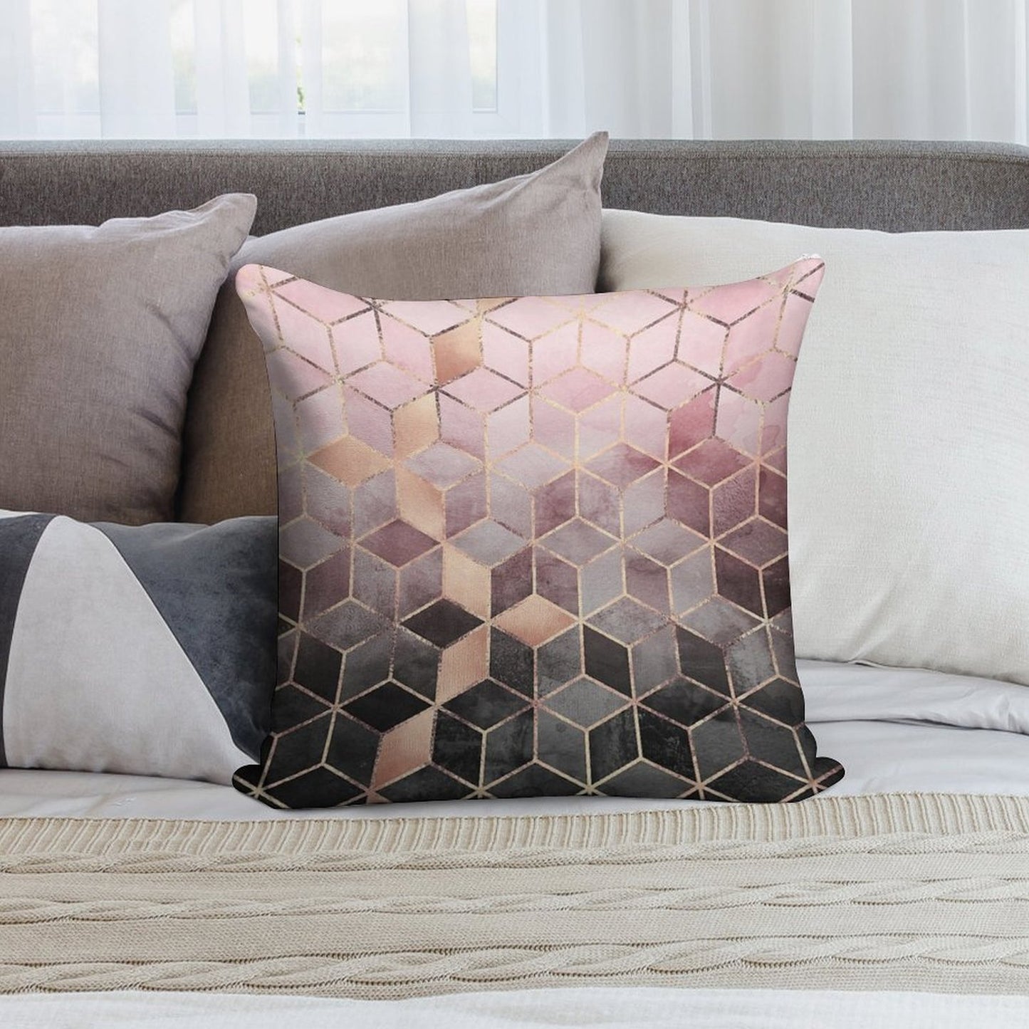 Pink And Grey Gradient Cubes Soft High-Density Material Throw Pillow