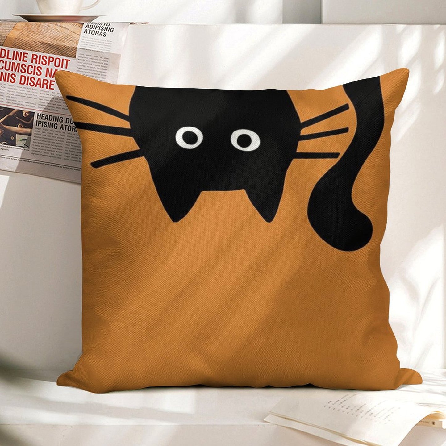 Funny Black Cat Linen Throw Pillow Cover