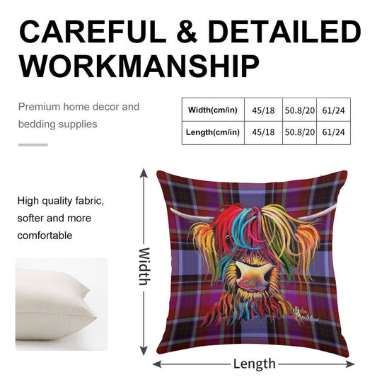 SCoTTiSH HiGHLaND CoW ' TaRTaN NeLLY P ' by SHiRLeY MacARTHuR Linen Throw Pillow Cover