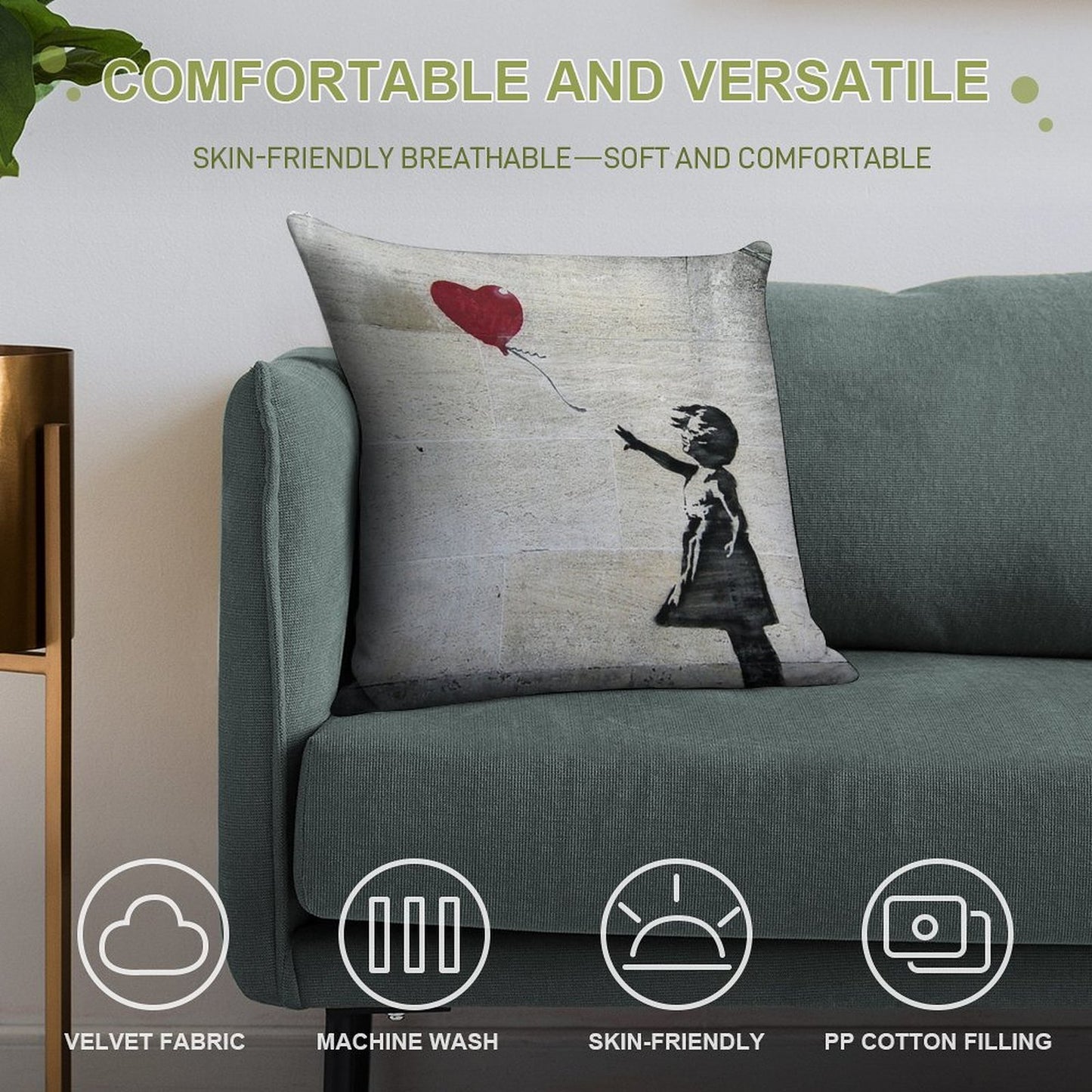 Banksy's Girl with A Red Balloon Soft Washable Throw Pillow