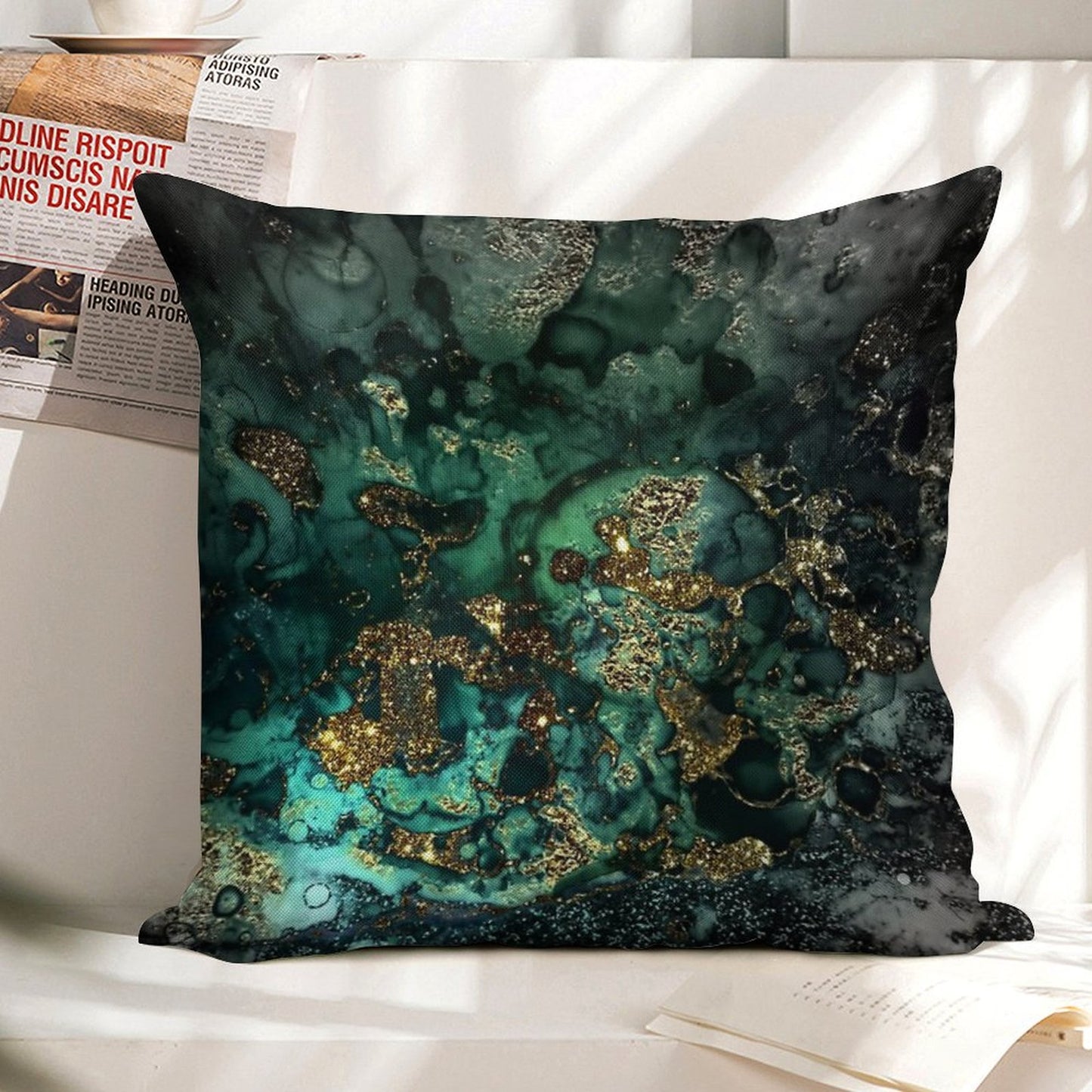 Gold Indigo Faux Malachite Marble Linen Throw Pillow Cover