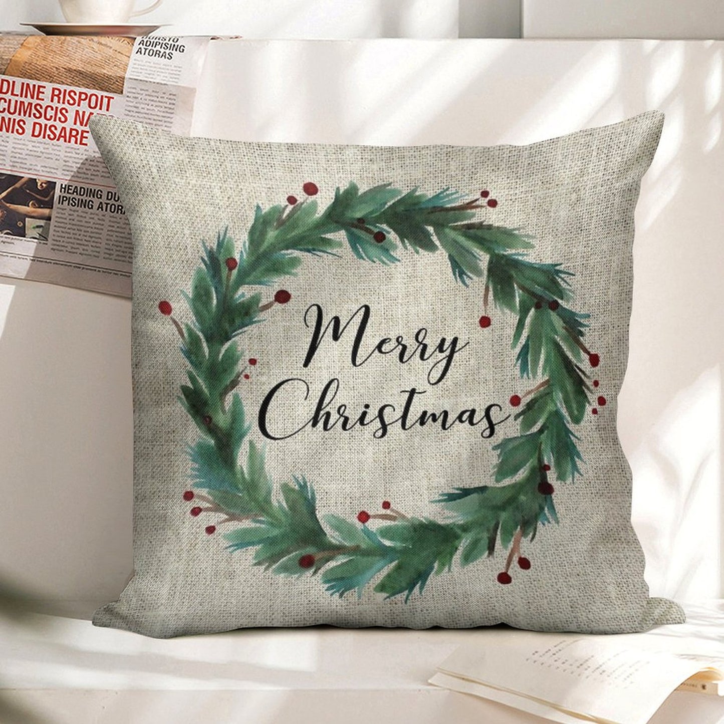 Christmas Wreath Linen Throw Pillow Cover