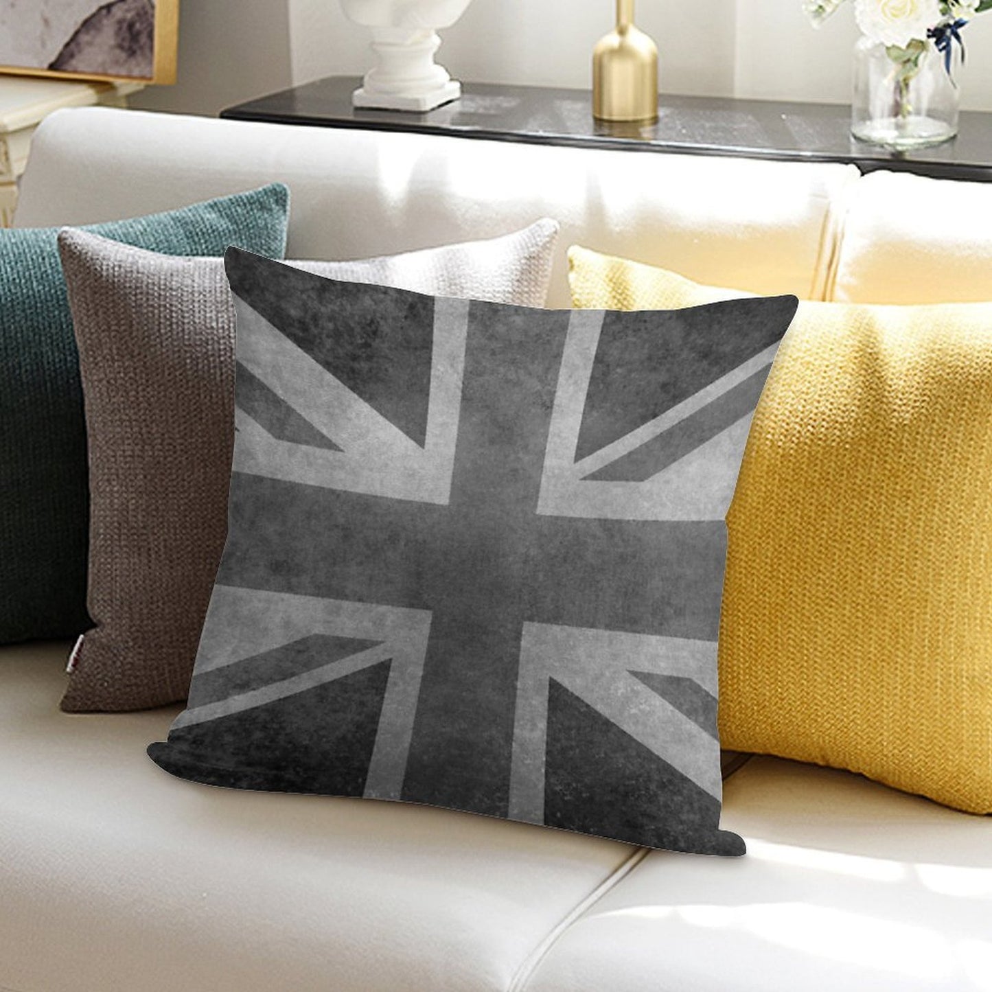 Union Jack Vintage 35 Version in Grayscale Soft Fade-Resistant Throw Pillow
