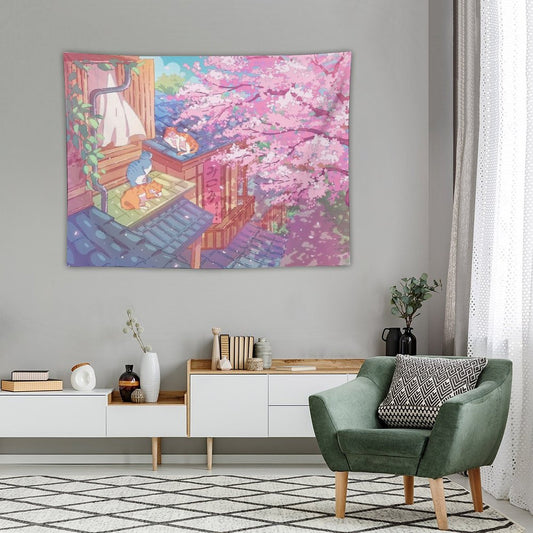 The Cute Cats, Rooftops, And Pink Cherry Blossom Tapestry
