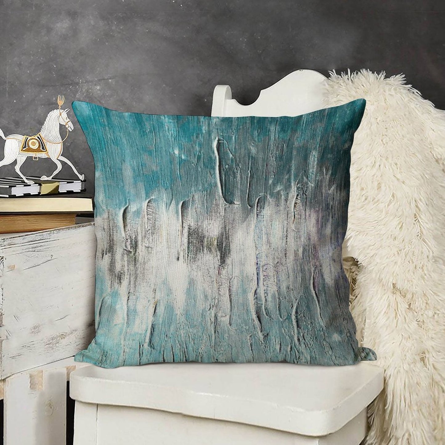 Ocean Teal And Blue Waves Abstract Linen Throw Pillow Cover