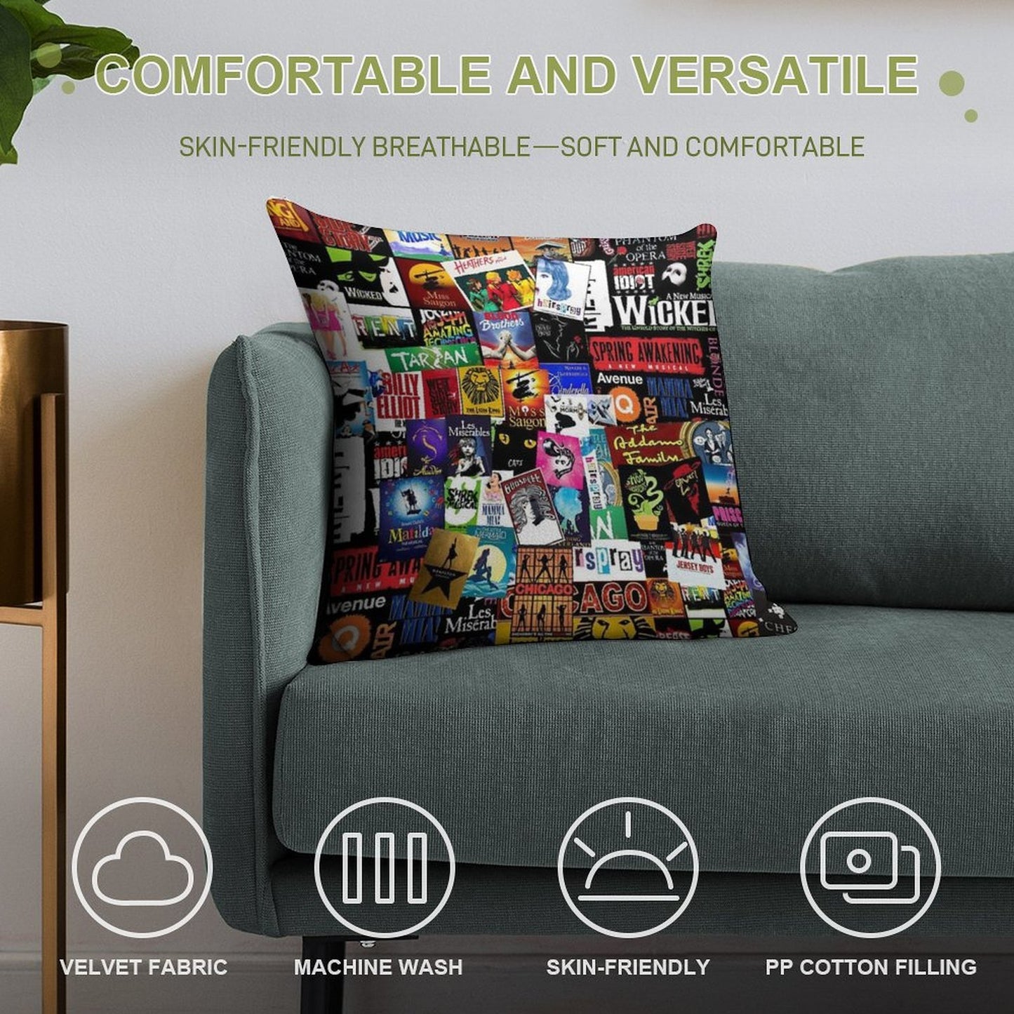Musicals Collage II Original Soft Fade-Resistant Throw Pillow