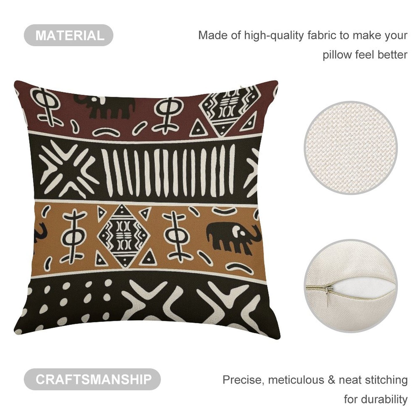 African Mud Cloth with Elephants Linen Throw Pillow Cover
