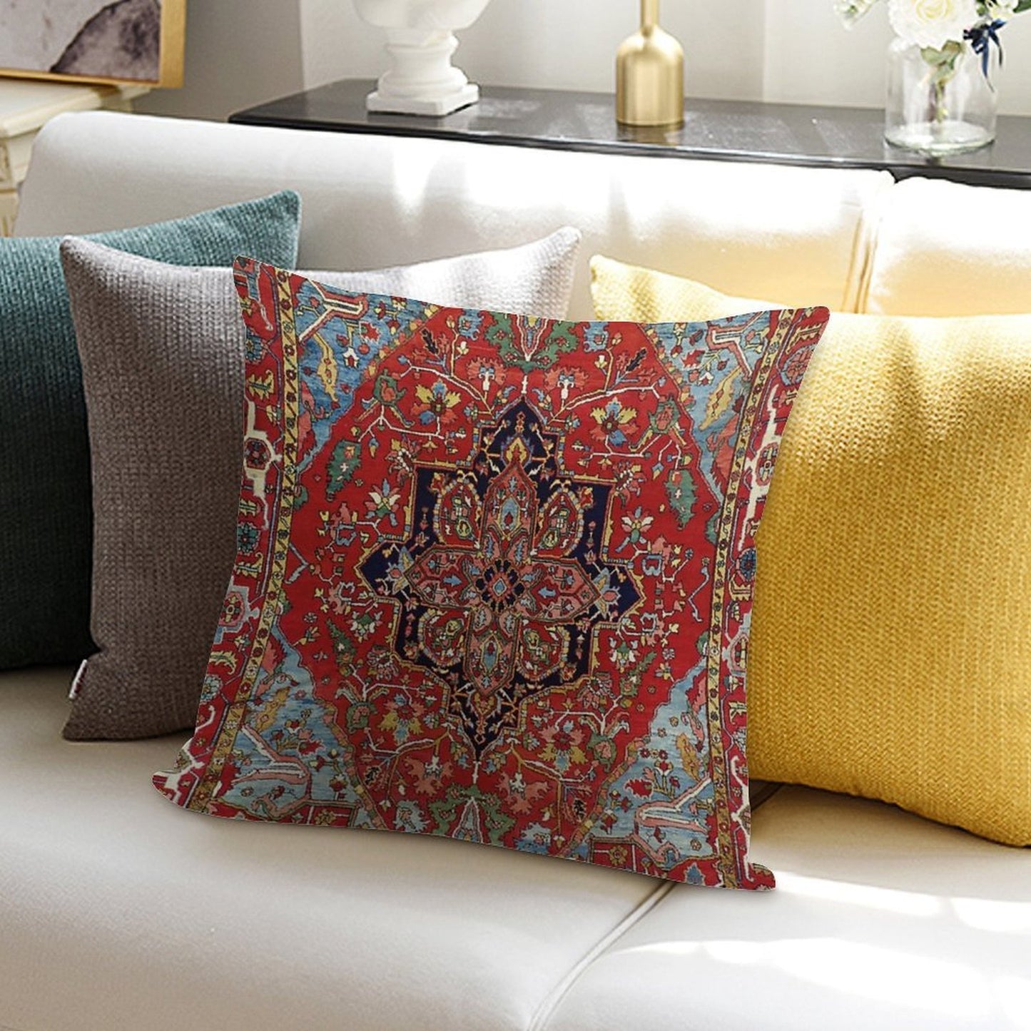 Heriz Persian Carpet Print Soft Luxury Feel Throw Pillow