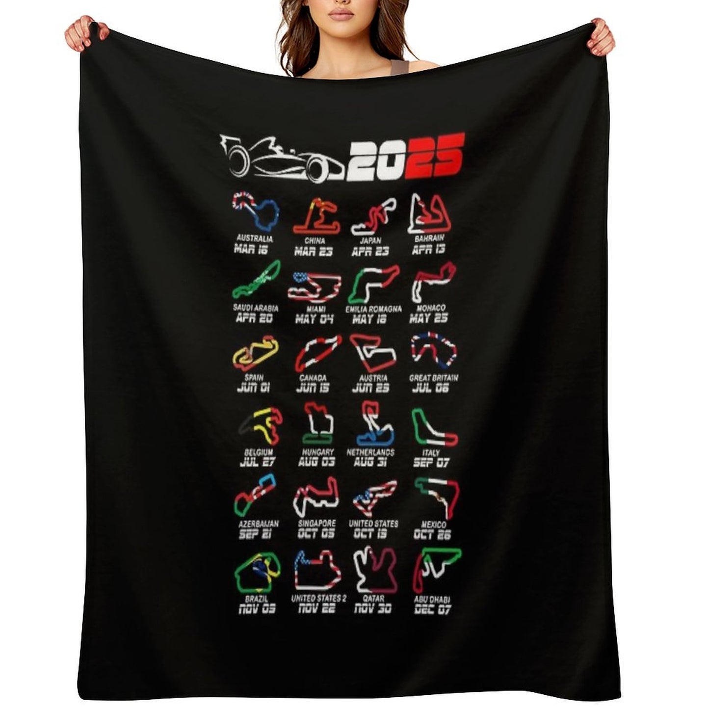Calendar Formula Race Cars 2025 Circuits Colors Throw Blanket