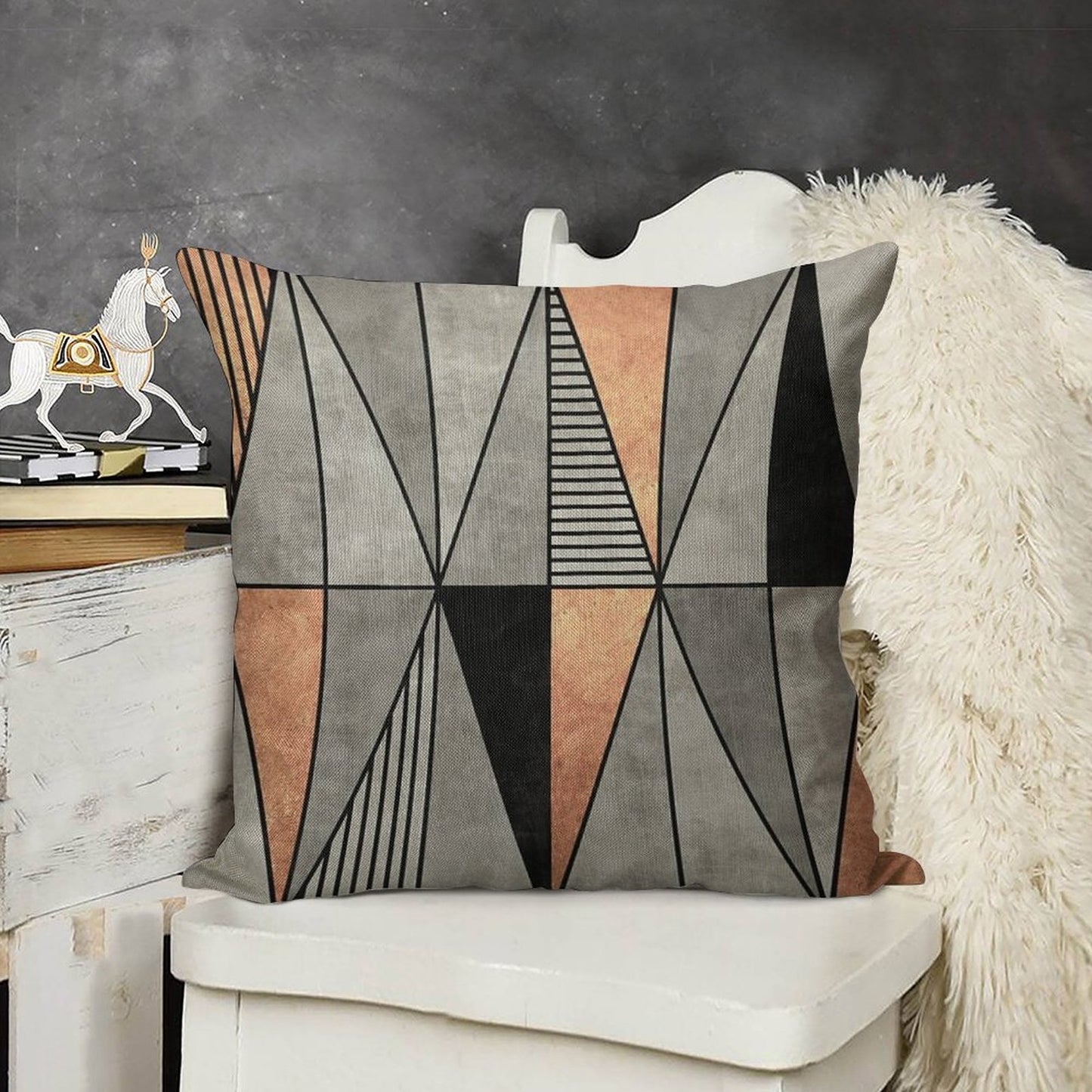 Concrete And Copper Triangles Linen Throw Pillow Cover