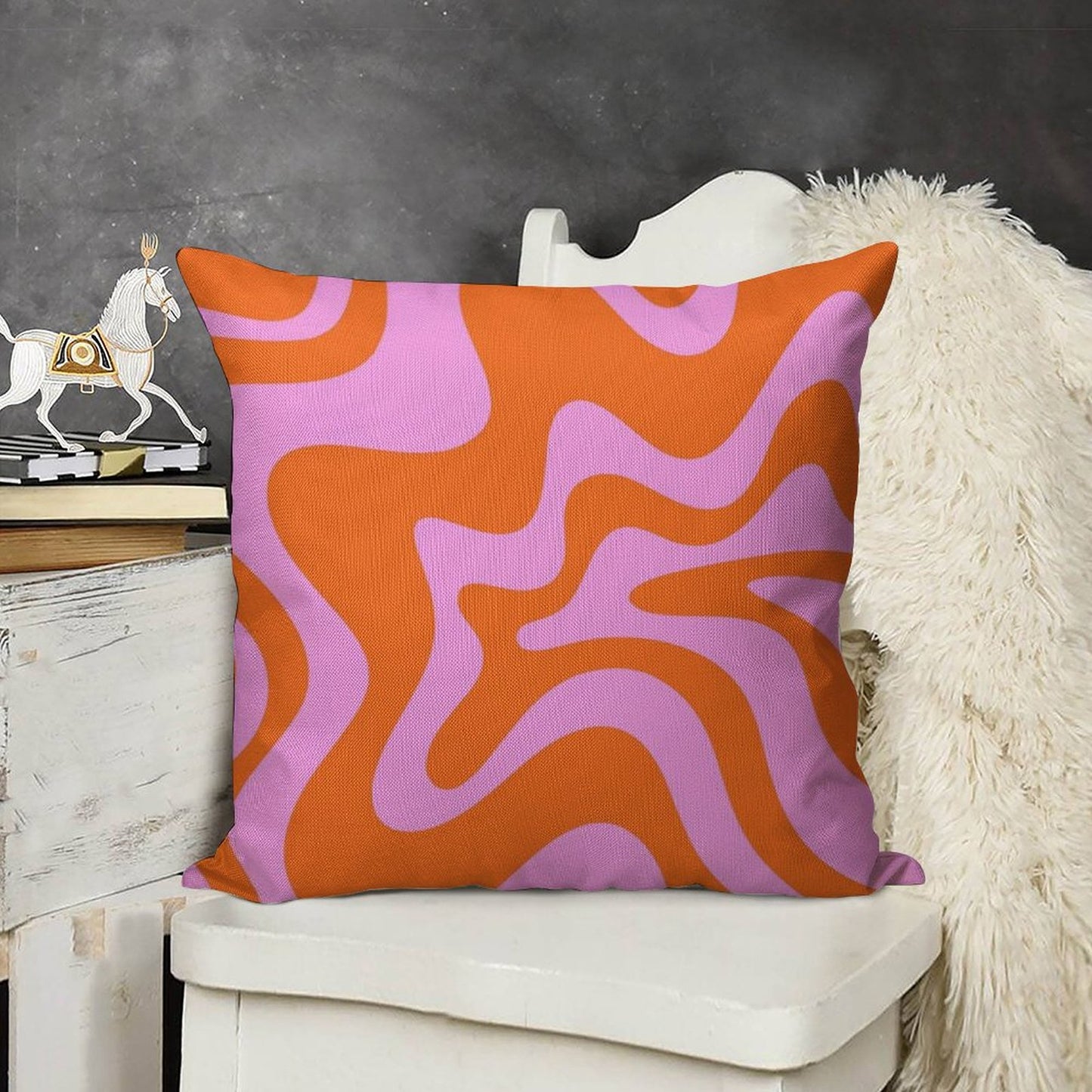 Retro Liquid Swirl Abstract Pattern Square in Hot Pink And Red-Orange Linen Throw Pillow Cover